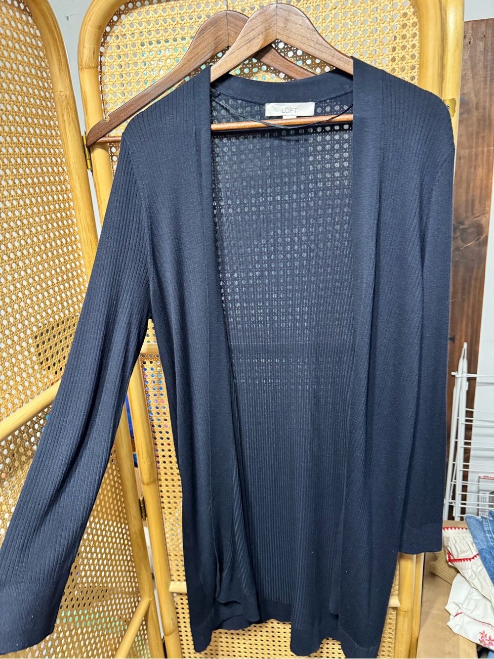 LOFT Open-Front Ribbed Cardigan Sweater - Navy